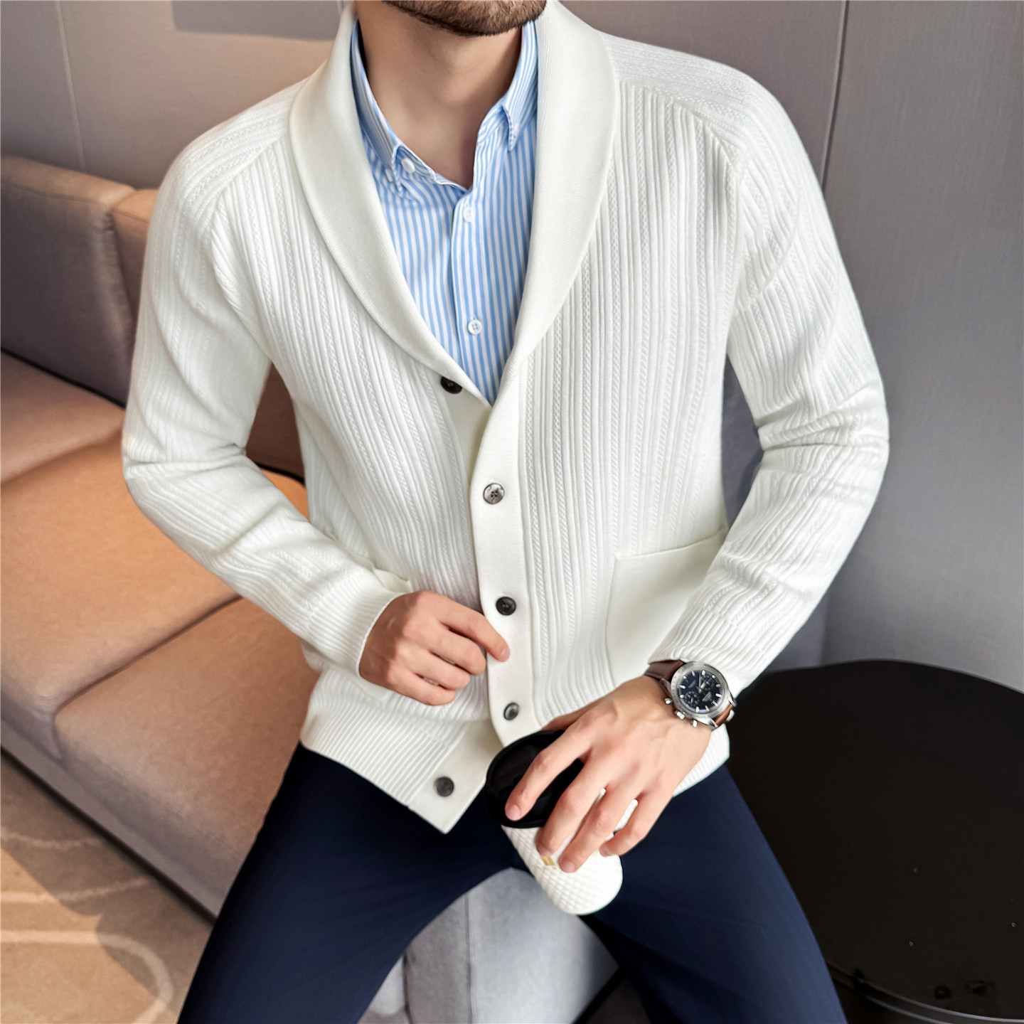 Men's Shawl Collar Knit Cardig - Muffler Men Wool ulasan dan harga