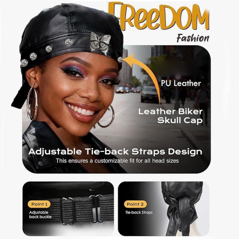 PU Leather Black Biker Cap Adj - Bandana Doo Rag ulasan dan harga