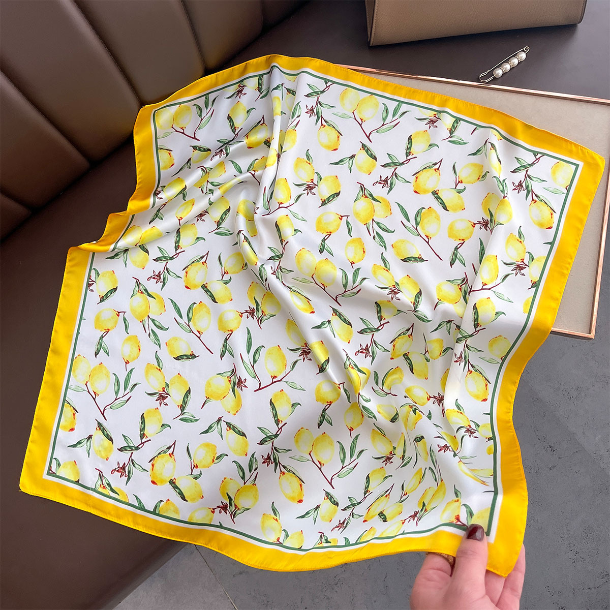 2025 New Yellow Lemon Print Sq - Silk Neck Scarf ulasan dan harga