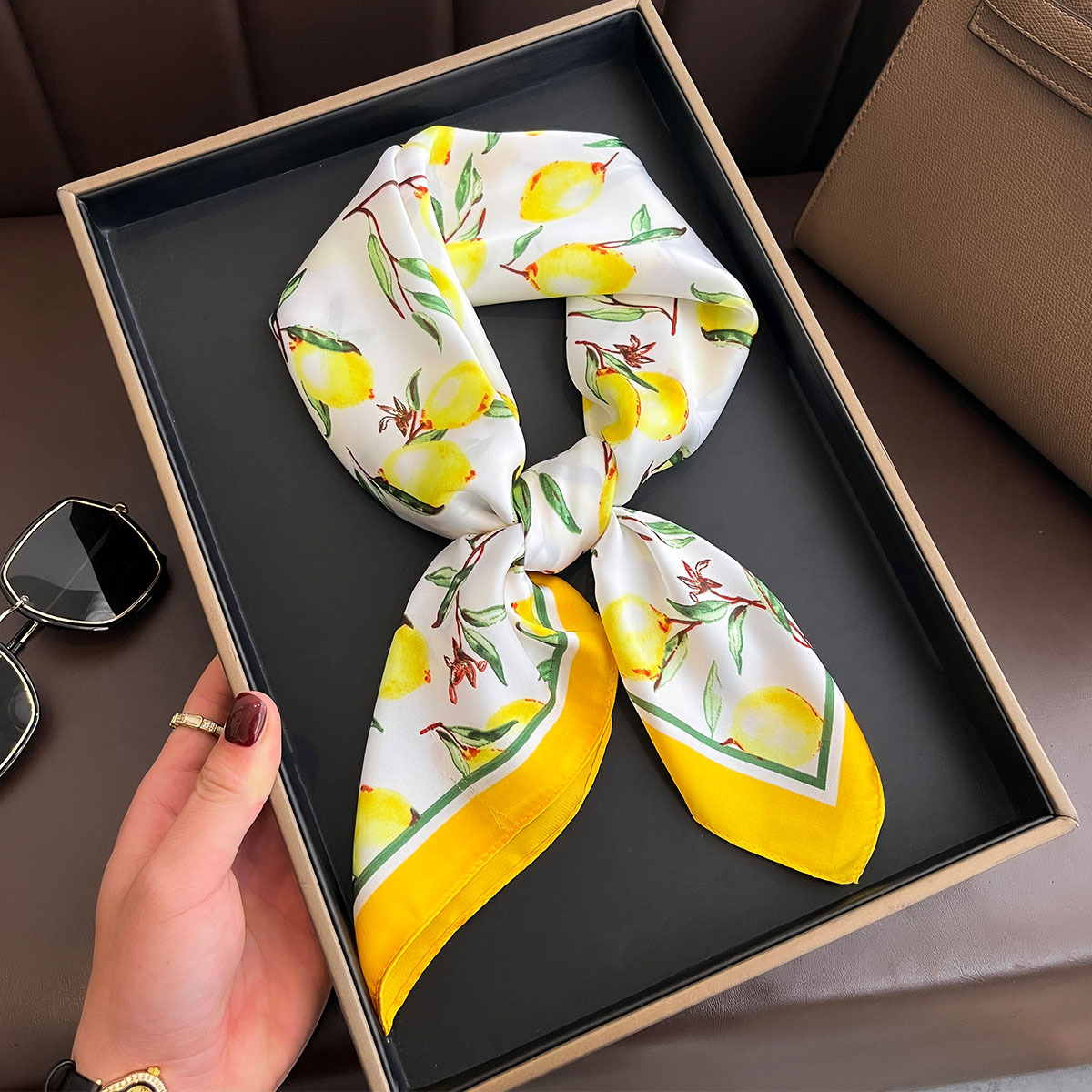 2025 New Yellow Lemon Print Sq - Silk Neck Scarf ulasan dan harga